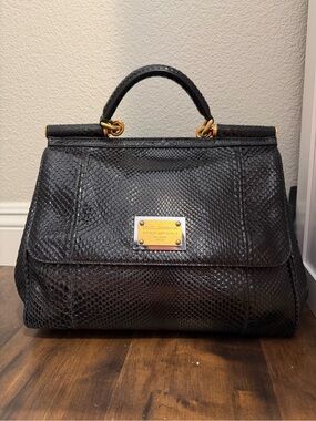 Dolce & Gabbana Black Python Sicily Top Handle Satchel with Gold Plaque